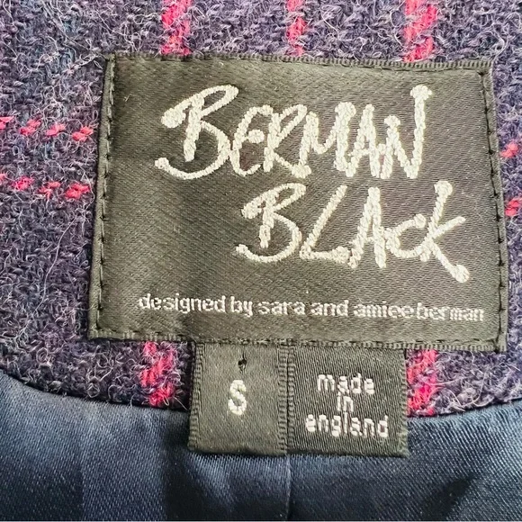 🛑SOLD BERMAN BLACK Plaid Wool Ruffle Peacoat in Navy/Purple Size S - Picture 9 of 11